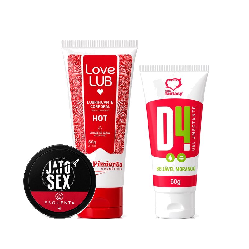 Kit A Dois: Love Lub Hot, D4 Beijável Morango e Jato Sex Esquenta
