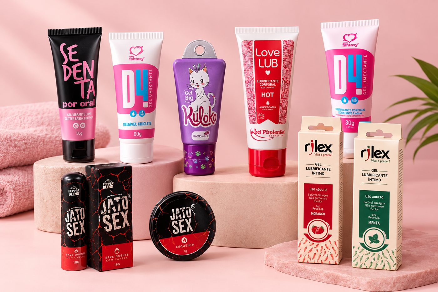 Vitrine com lubrificantes, géis beijáveis e produtos esquenta da Ouse Mais